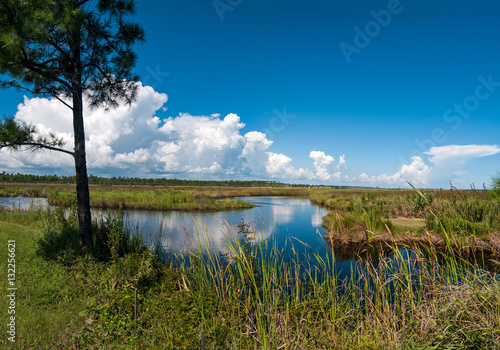 canals in Gulf Shores State Park in Alabama USA with reflections of sky on water