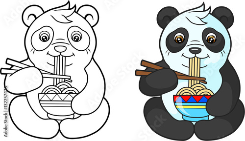 cute panda with an appetite for eating noodles
