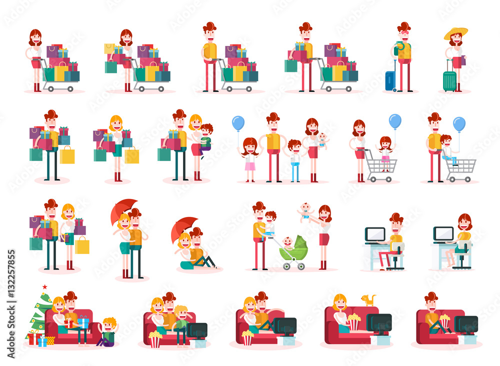 Set of Familiar People Scenes on White Background. Isolated Flat Vector Illustration.