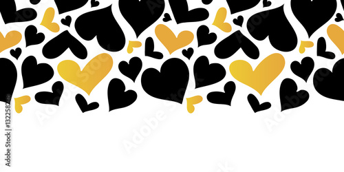 Vector Gold and Black Hearts Horizontal Seamless Pattern Border. Valentines d...