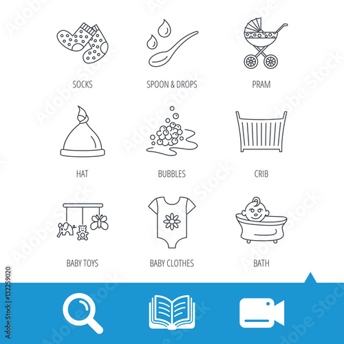 Baby clothes, bath and hat icons. Pram carriage, spoon with drops linear signs. Socks, baby toys and bubbles flat line icons. Video cam, book and magnifier search icons. Vector