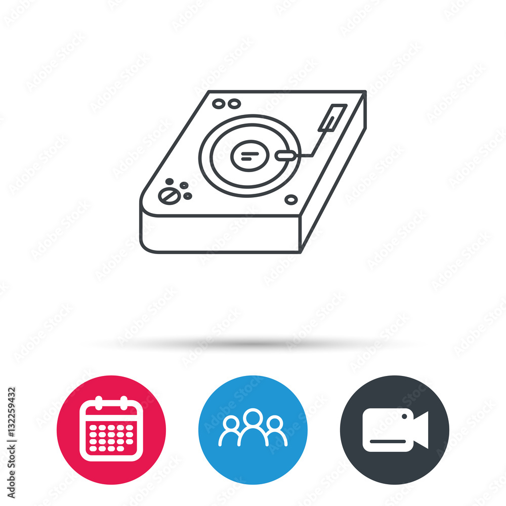 Club music icon. DJ track mixer sign. Vinyl mixing symbol. Group of people, video cam and calendar icons. Vector Club music icon. DJ track mixer sign. Vinyl mixing symbol. Group of people, video cam and calendar icons. Vector