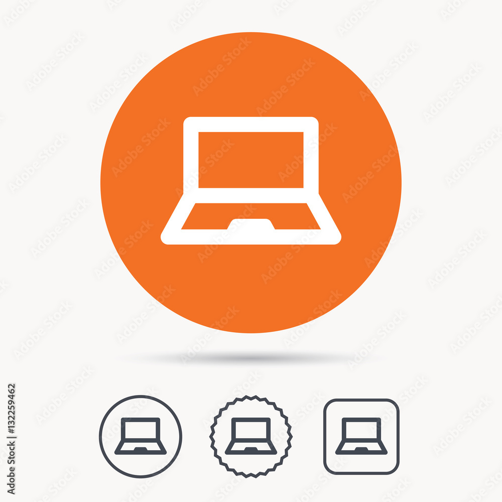 Computer icon. Notebook or laptop pc symbol. Orange circle button with web icon. Star and square design. Vector Computer icon. Notebook or laptop pc symbol. Orange circle button with web icon. Star and square design. Vector
