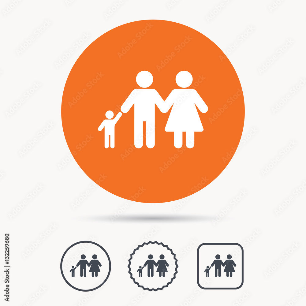 Family icon. Father, mother and child symbol. Orange circle button with web icon. Star and square design. Vector Family icon. Father, mother and child symbol. Orange circle button with web icon. Star and square design. Vector