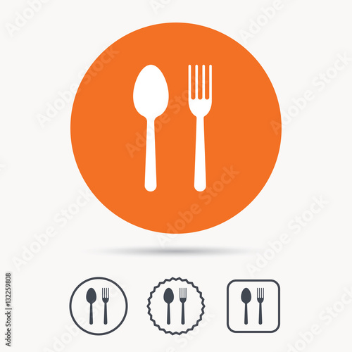 Food icons. Fork and spoon signs. Cutlery symbol. Orange circle button with web icon. Star and square design. Vector