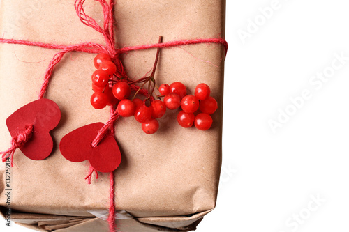 gift box with hearts and a branch rowan isolated on a white background for design ellement or collage photo