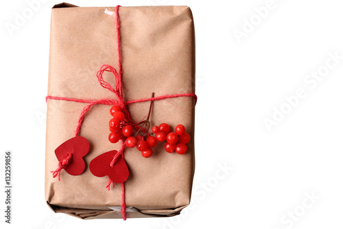 gift box with hearts and a branch rowan isolated on a white background for design ellement or collage photo