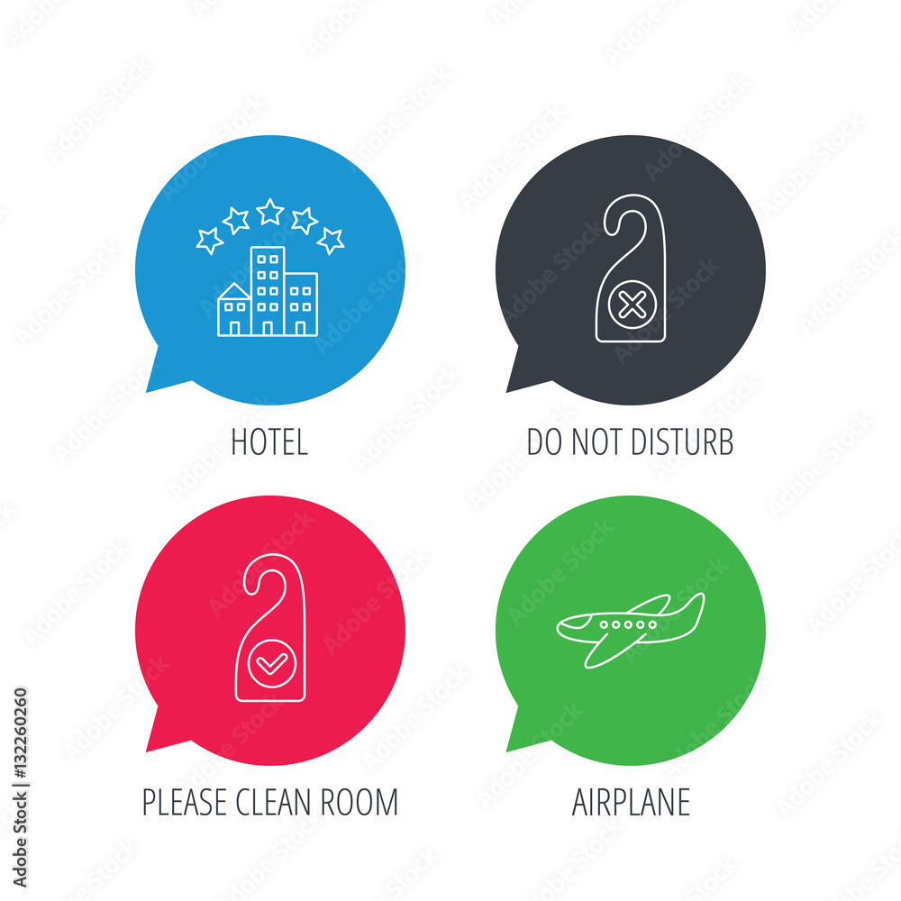Colored speech bubbles. Hotel, airplane and do not disturb icons. Clean room linear sign. Flat web buttons with linear icons. Vector