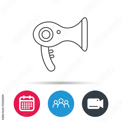 Hairdryer icon. Electronic blowdryer sign. Hairdresser equipment symbol. Group of people, video cam and calendar icons. Vector