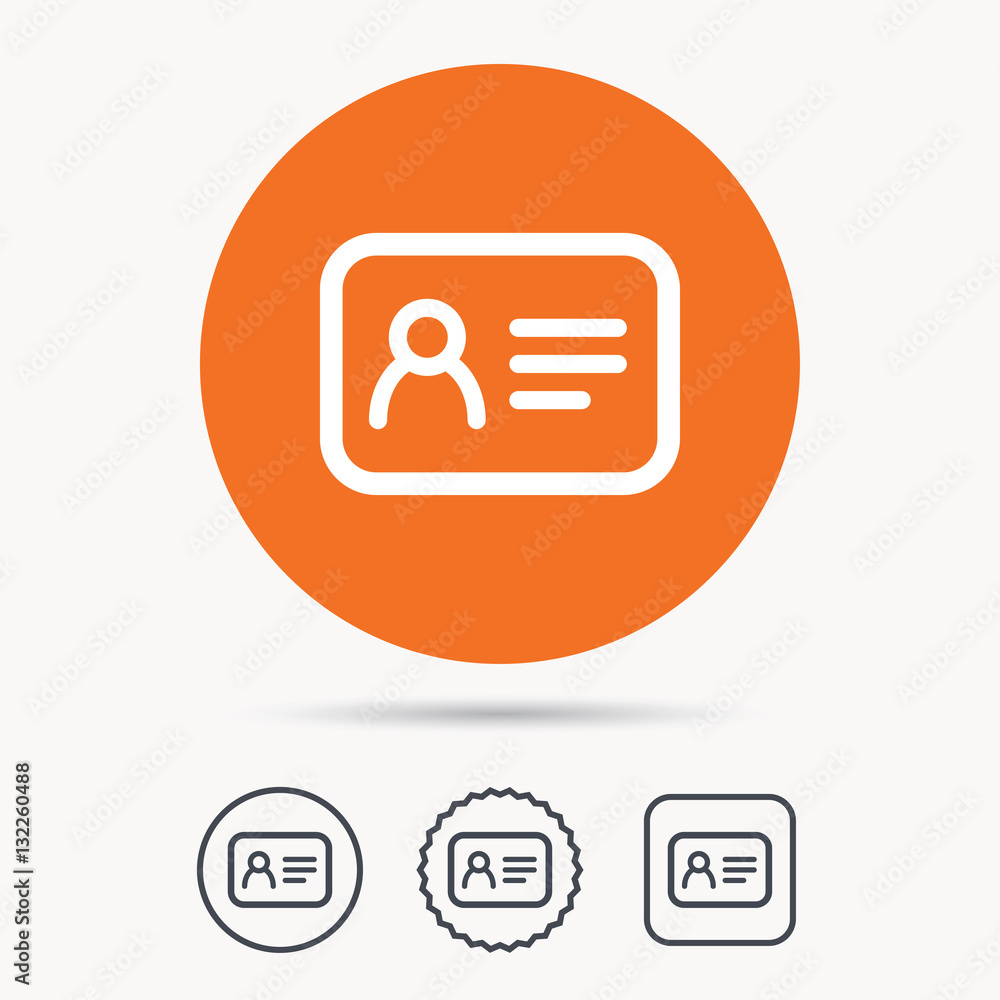 ID card icon. Personal identification document symbol. Orange circle button with web icon. Star and square design. Vector ID card icon. Personal identification document symbol. Orange circle button with web icon. Star and square design. Vector