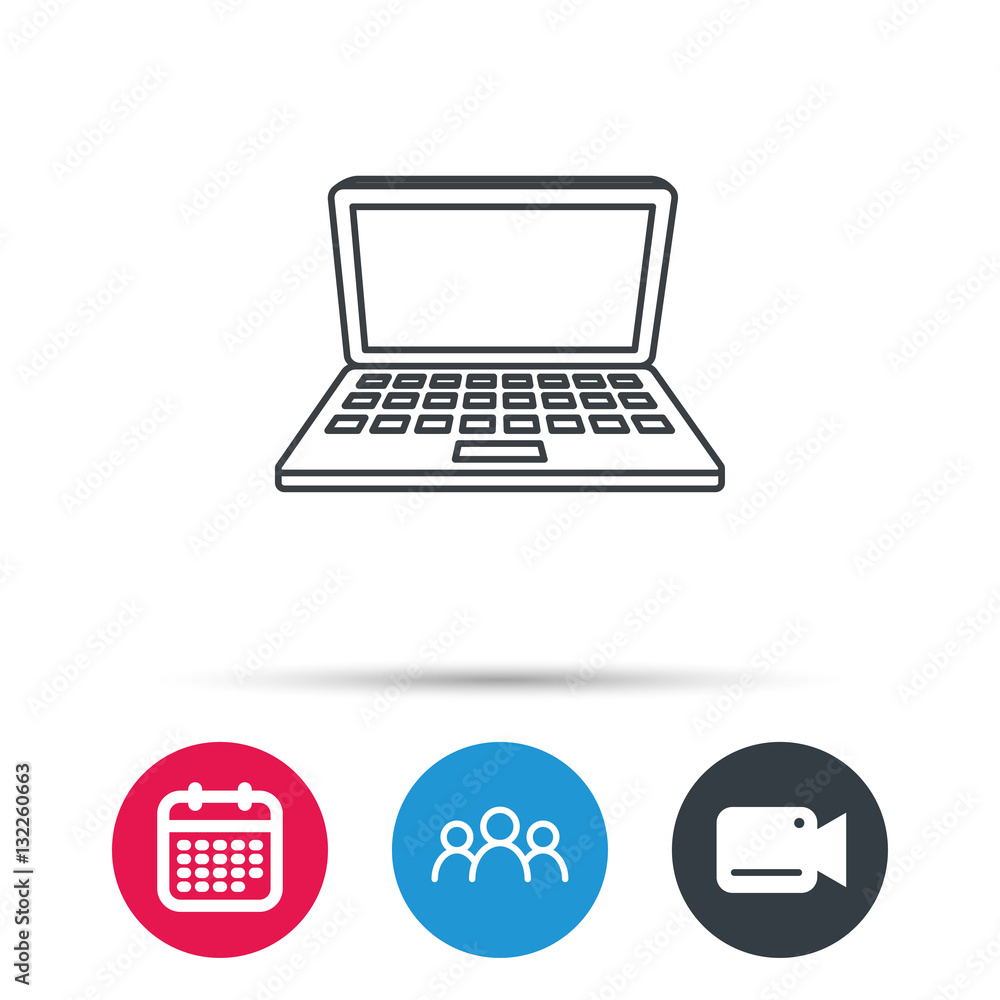 Laptop icon. Mobile PC sign. Group of people, video cam and calendar icons. Vector Laptop icon. Mobile PC sign. Group of people, video cam and calendar icons. Vector
