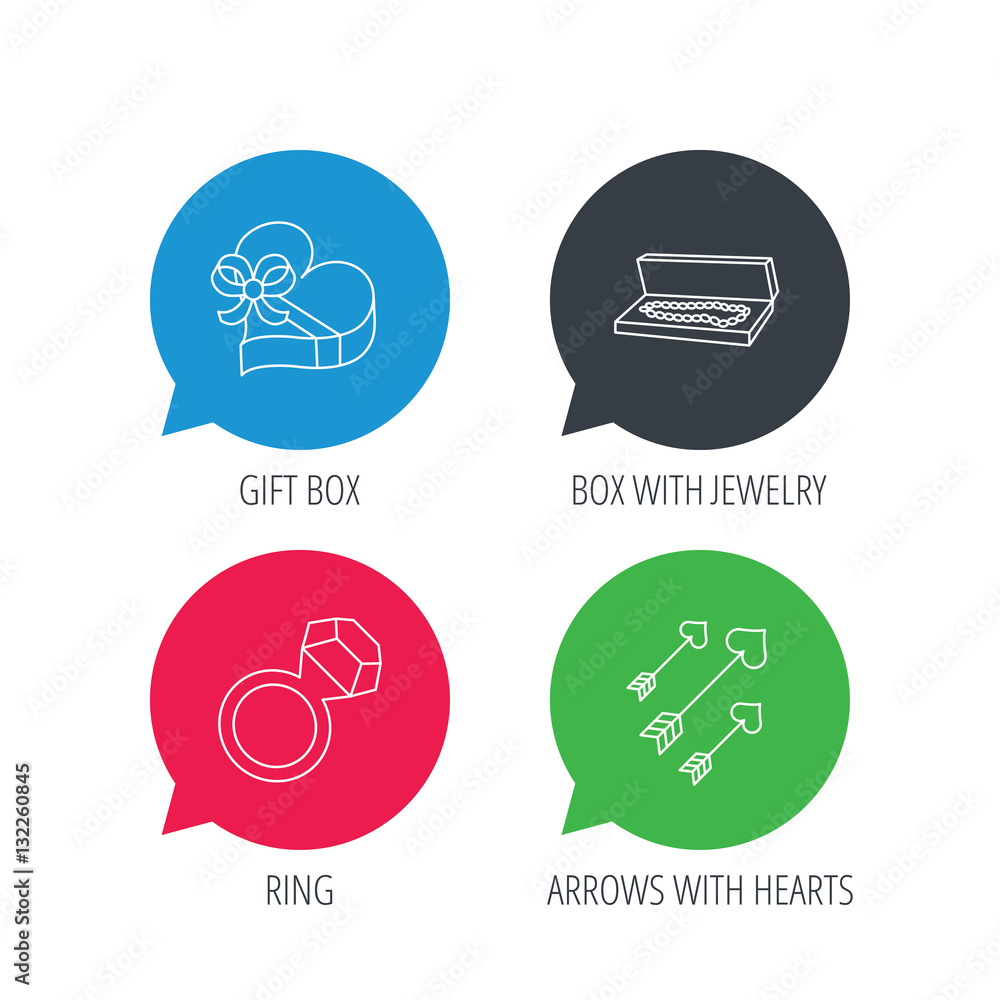 Colored speech bubbles. Jewelry, gift box and wedding ring icons. Arrows with hearts linear sign. Flat web buttons with linear icons. Vector Colored speech bubbles. Jewelry, gift box and wedding ring icons. Arrows with hearts linear sign. Flat web buttons with linear icons. Vector
