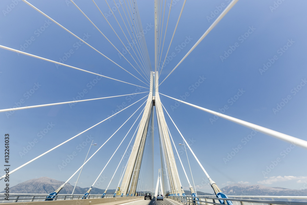 road to suspension bridge crossing Corinth Gulf strait, Greece road to suspension bridge crossing Corinth Gulf strait, Greece