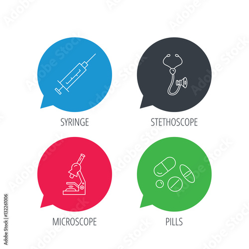 Colored speech bubbles. Syringe, stethoscope and microscope icons. Medical pills linear sign. Flat web buttons with linear icons. Vector