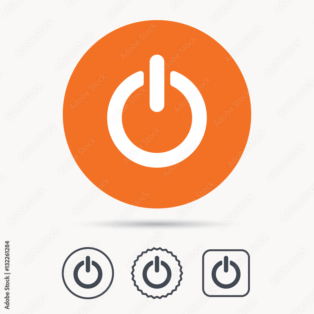 On, off power icon. Energy switch symbol. Orange circle button with web icon. Star and square design. Vector On, off power icon. Energy switch symbol. Orange circle button with web icon. Star and square design. Vector
