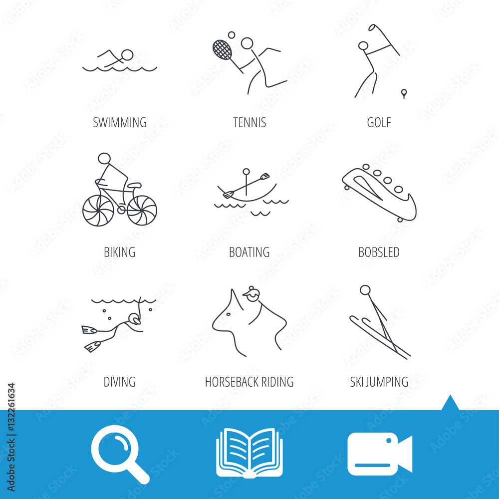 Swimming, tennis and golf icons. Biking, diving and horseback riding linear signs. Ski jumping, boating and bobsleigh icons. Video cam, book and magnifier search icons. Vector