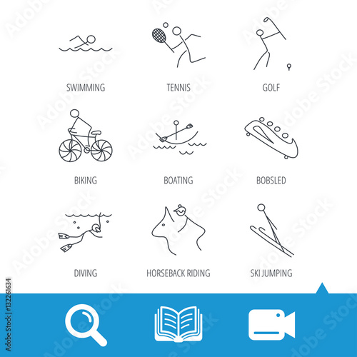 Swimming, tennis and golf icons. Biking, diving and horseback riding linear signs. Ski jumping, boating and bobsleigh icons. Video cam, book and magnifier search icons. Vector