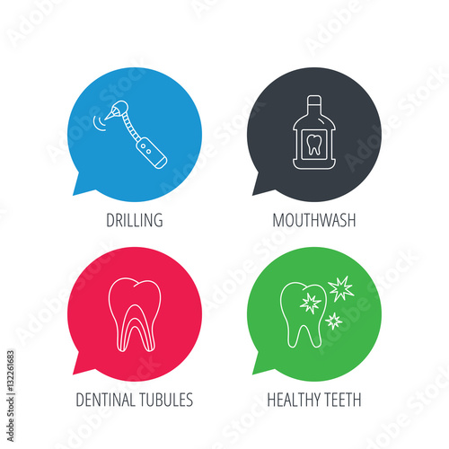 Colored speech bubbles. Tooth, mouthwash and dentinal tubules icons. Healthy teeth, dentinal tubules linear sign. Flat web buttons with linear icons. Vector