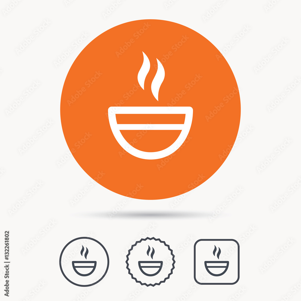Tea cup icon. Hot coffee drink symbol. Orange circle button with web icon. Star and square design. Vector Tea cup icon. Hot coffee drink symbol. Orange circle button with web icon. Star and square design. Vector