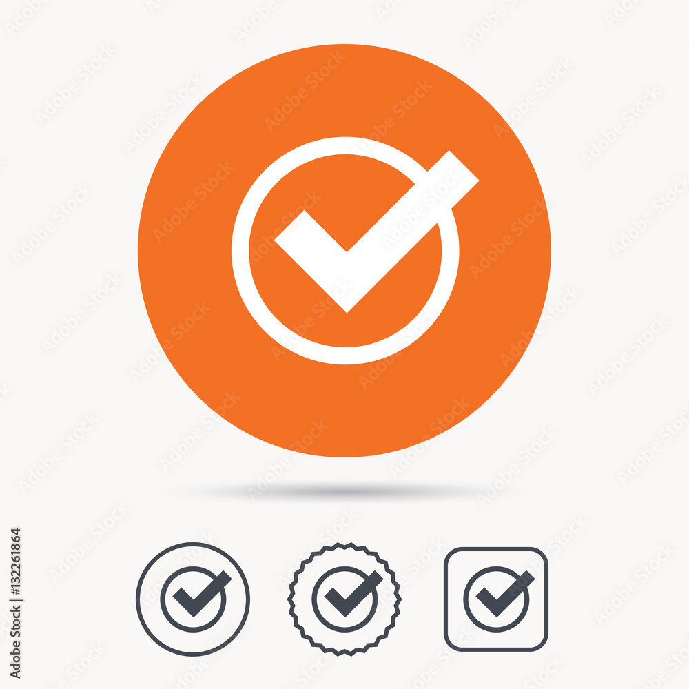 Tick icon. Check or confirm symbol. Orange circle button with web icon. Star and square design. Vector Tick icon. Check or confirm symbol. Orange circle button with web icon. Star and square design. Vector
