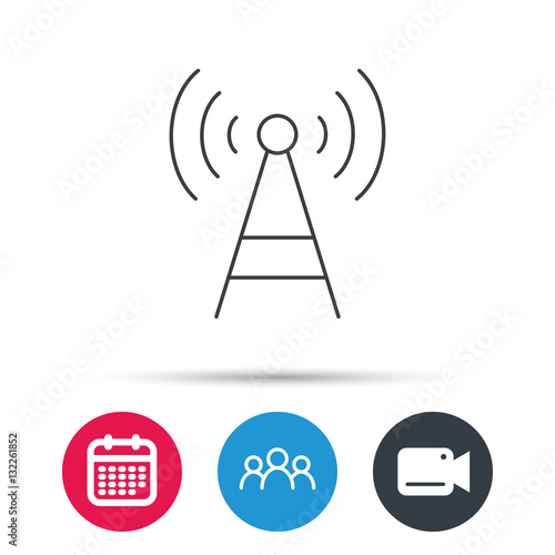 Telecommunication tower icon. Signal sign. Wireless wifi network symbol. Group of people, video cam and calendar icons. Vector