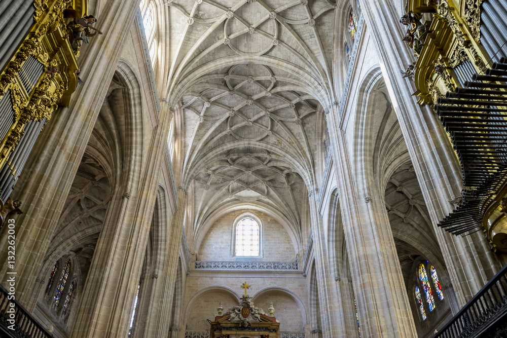 Gothic arches of christian church interior, City of Segovia, fam