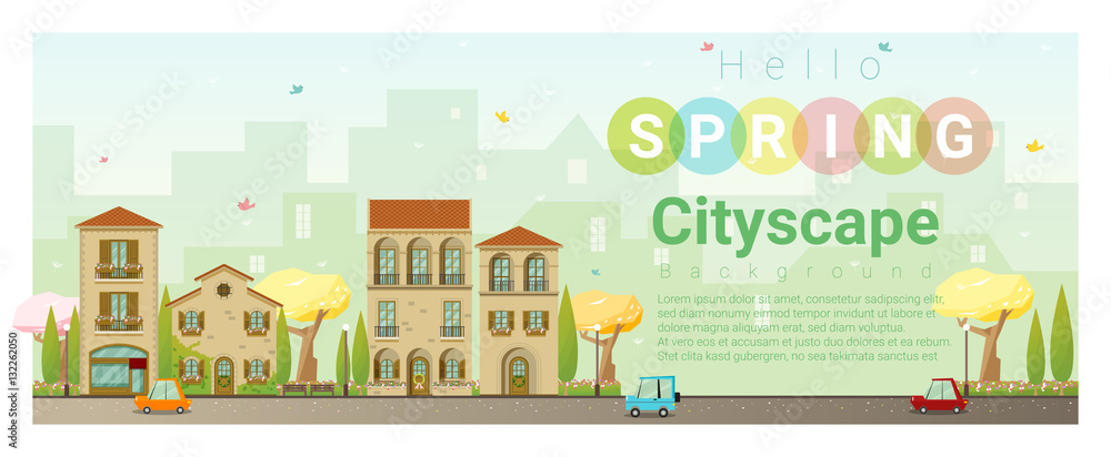 Hello spring cityscape background , vector , illustration Hello spring cityscape background , vector , illustration