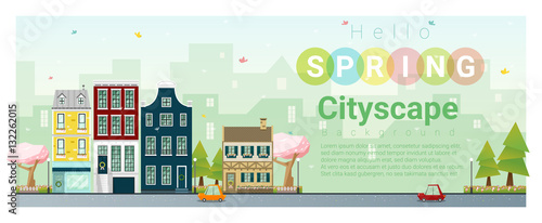 Hello spring cityscape background , vector , illustration