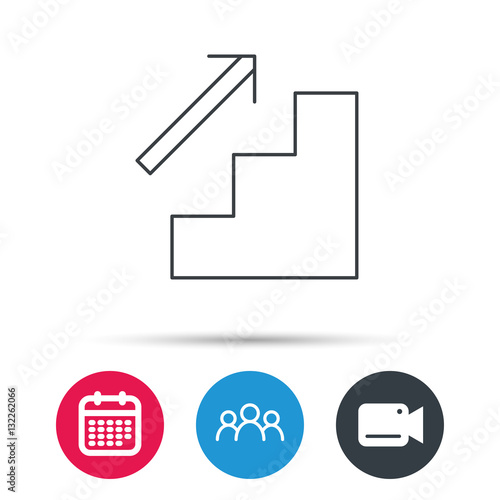 Upstairs icon. Direction arrow sign. Group of people, video cam and calendar icons. Vector