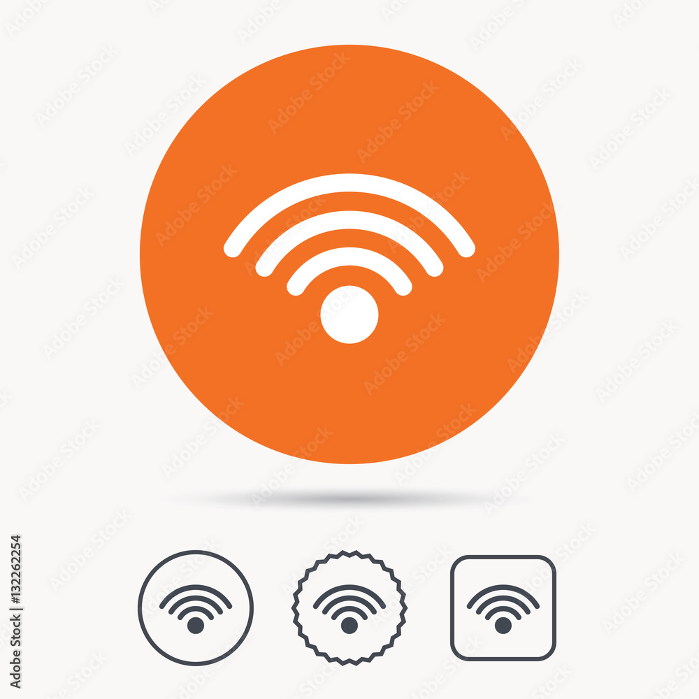 Wifi icon. Wireless internet sign. Communication technology symbol. Orange circle button with web icon. Star and square design. Vector Wifi icon. Wireless internet sign. Communication technology symbol. Orange circle button with web icon. Star and square design. Vector