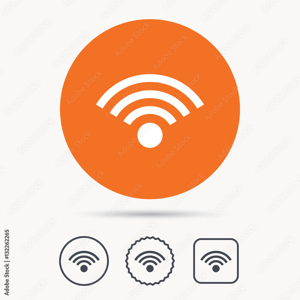 Wifi icon. Wireless internet sign. Communication technology symbol. Orange circle button with web icon. Star and square design. Vector Wifi icon. Wireless internet sign. Communication technology symbol. Orange circle button with web icon. Star and square design. Vector