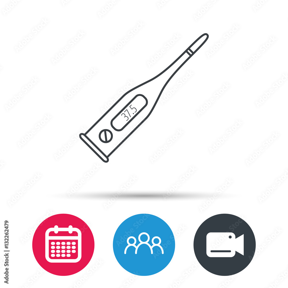 Electronic thermometer icon. Measurement tool sign. Temperature control symbol. Group of people, video cam and calendar icons. Vector