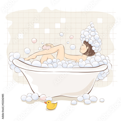 Girl in the bath / Funny vector illustration, girl in the foam