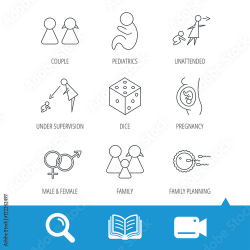 Pregnancy, pediatrics and family planning icons. Under supervision, unattended and baby child linear signs. Dice, male and female icons. Video cam, book and magnifier search icons. Vector