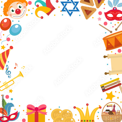Purim frame template with space for text, isolated on white background. Vector illustration clip-art