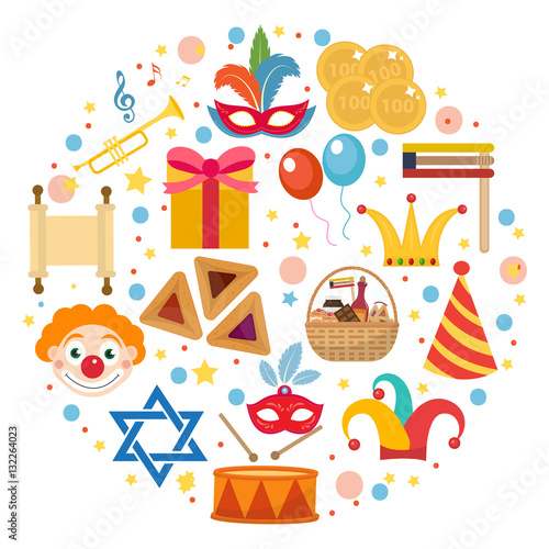 Purim icons set in round shape, isolated on white background. Vector illustration clip-art