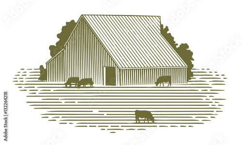 Woodcut illustration of a barn with cattle grazing in the pasture.