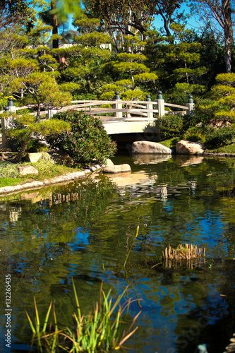 Koi pond with bridge in beautiful Japanese garden