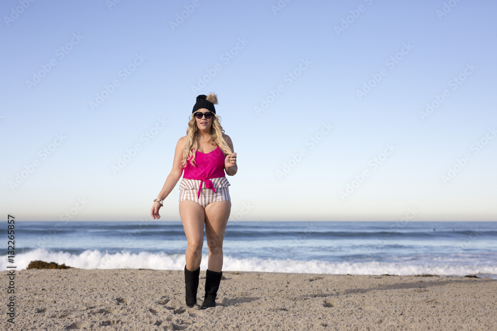 Pink bathing suit and beanie