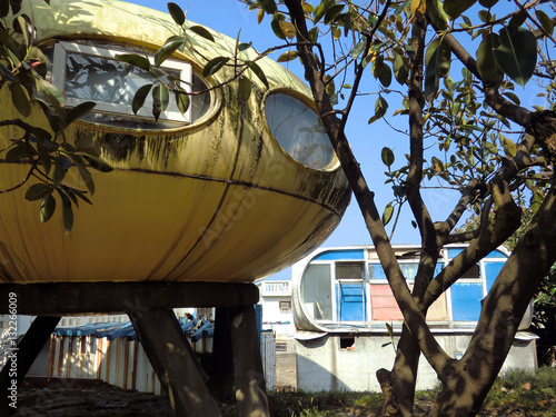 Abandoned UFO round yellow houses in Wanli, Taiwan futuristic village