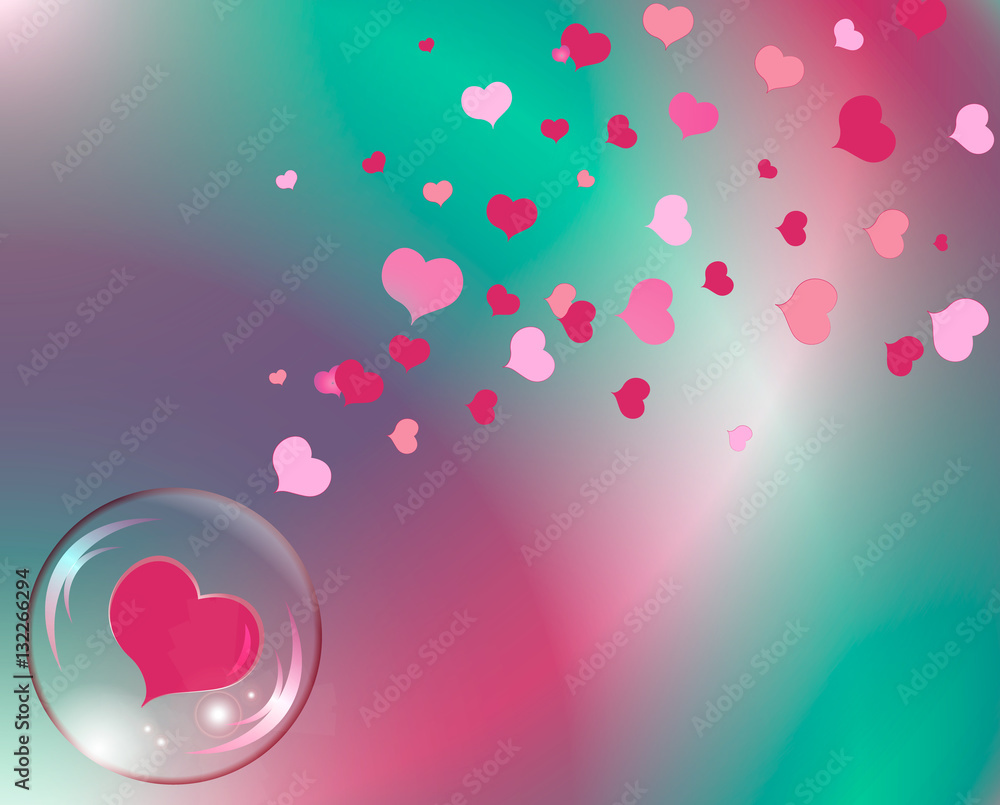 hearts and bubble with reflections colored background