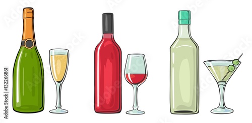 Bottle and glass cocktail, liquor, wine, champagne.