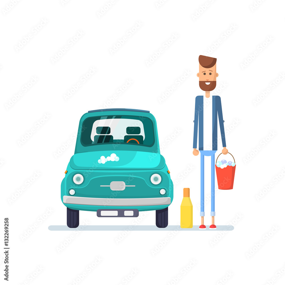 Young bearded man standing with a red bucket to wash the car. Flat Vector illustration. Young bearded man standing with a red bucket to wash the car. Flat Vector illustration.