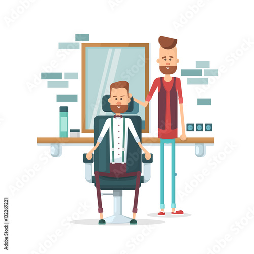 Confident barber expert. A young bearded man and a satisfied customer. Flat Vector illustration.