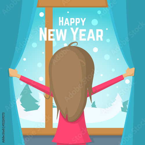 Happy New Year. Little girl in pajamas parted the curtains and stood at the window. Flat Vector illustration.