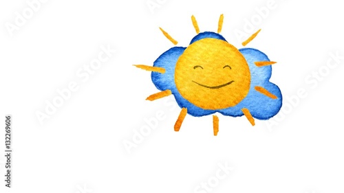 Yellow suns and blue clouds. Hand painted watercolor illustration on transparent background.