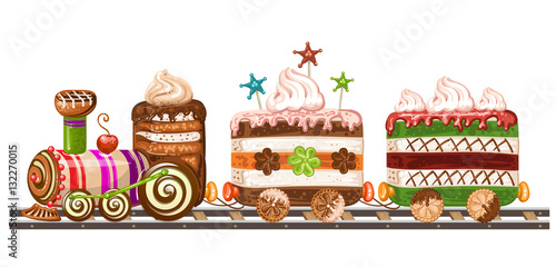 Train cake with cherry, chocolate and biscuits