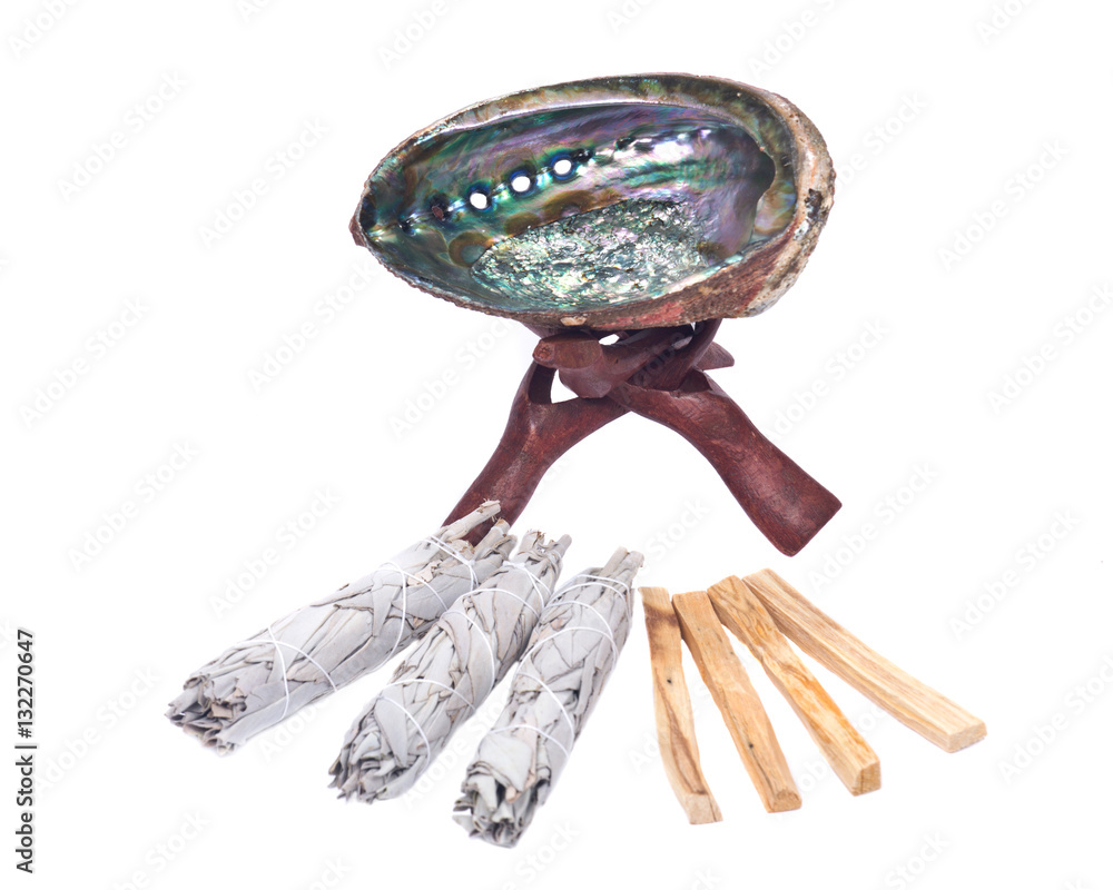 Smuge Shell Sage smudge stick, bright polished rainbow abalone shell with wooden ...