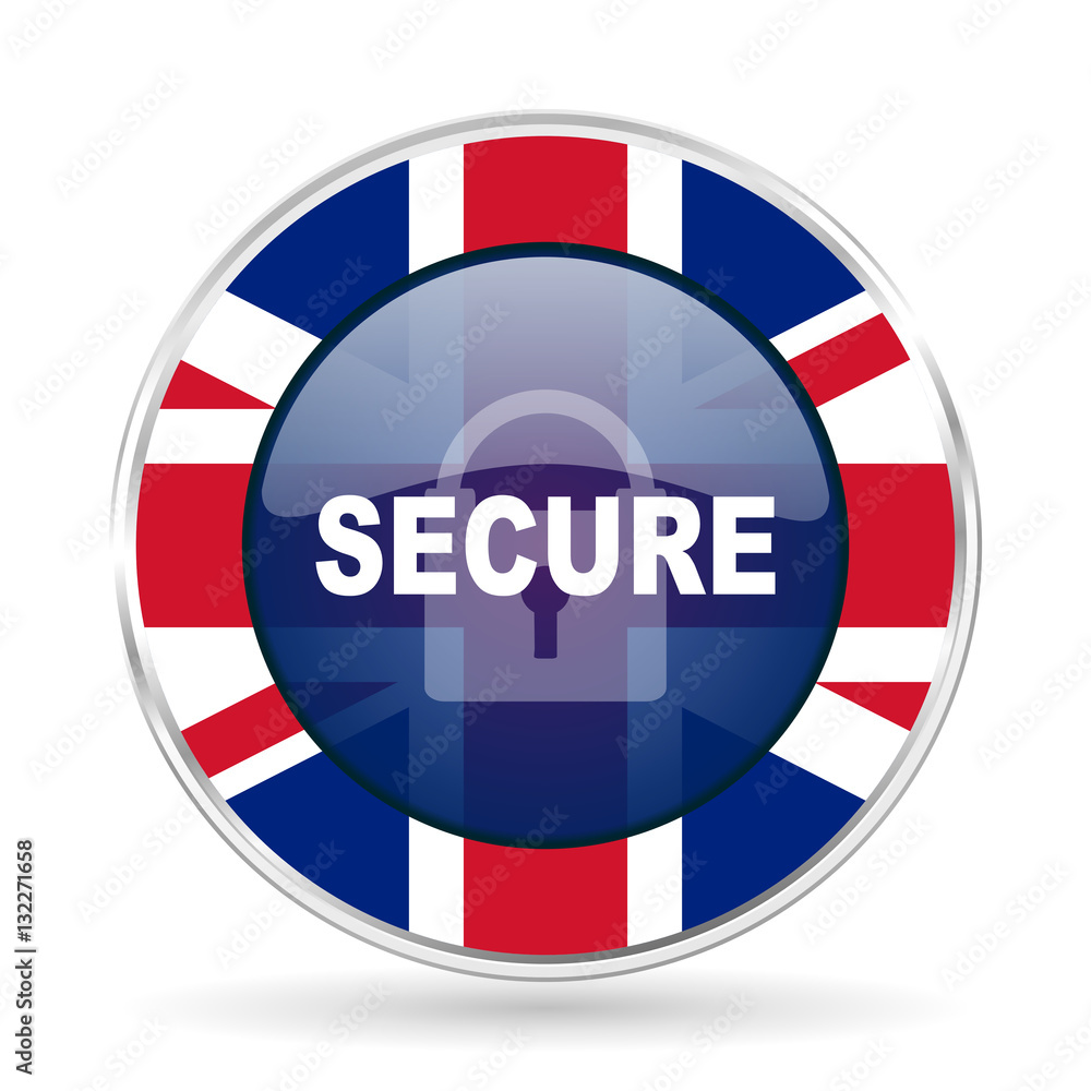 secure british design icon - round silver metallic border button with Great Britain flag secure british design icon - round silver metallic border button with Great Britain flag