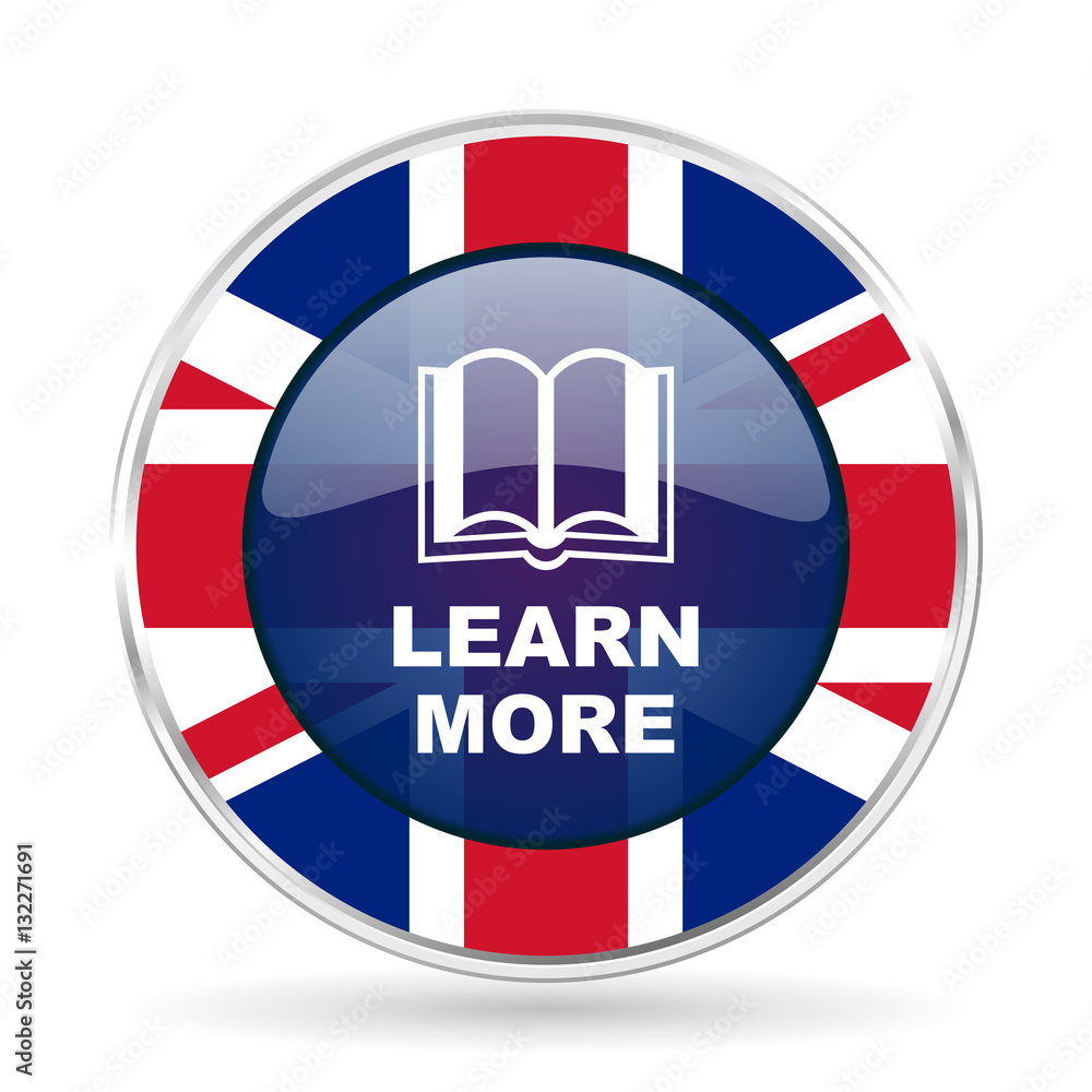 learn more british design icon - round silver metallic border button with Great Britain flag learn more british design icon - round silver metallic border button with Great Britain flag